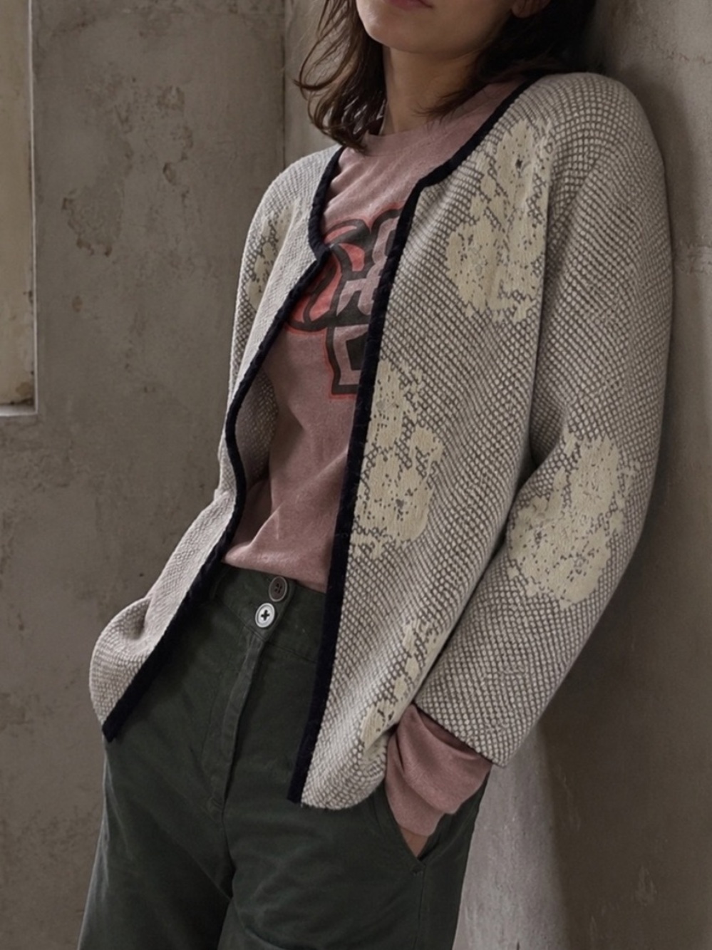 Vtg Classiques Entier Cream Floral Alpaca Mohair Open Front Sweater Cardigan